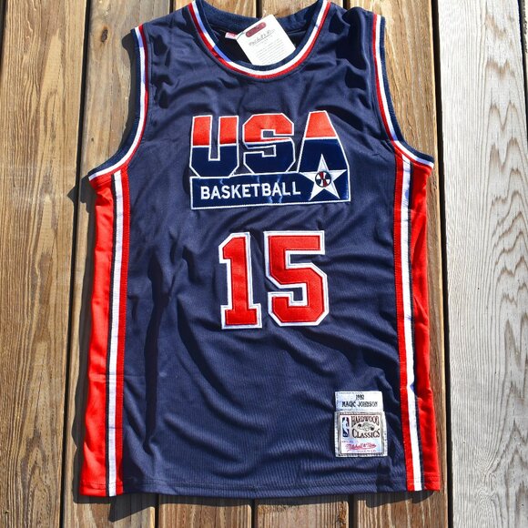New! Magic Johnson USA Team Olympics Blue Basketball Jersey Adult Men's Sizes - Picture 2 of 2